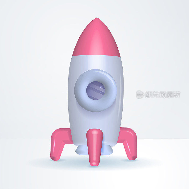 渲染3 d火箭。白色飞船站在表面，粉红色的支架。新的启动项目正在测试成功的商业启动。向量孤立的插图。